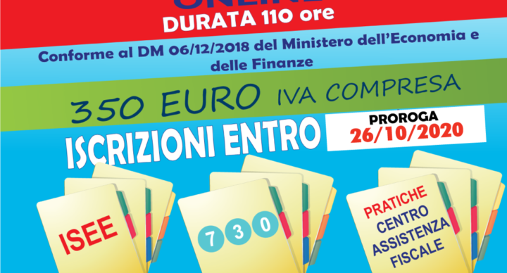 CORSO ONLINE OPERATORE FISCALE - scadenza iscrizioni prorogata al 26/10/2020 inizio lezioni il 27/10/2020